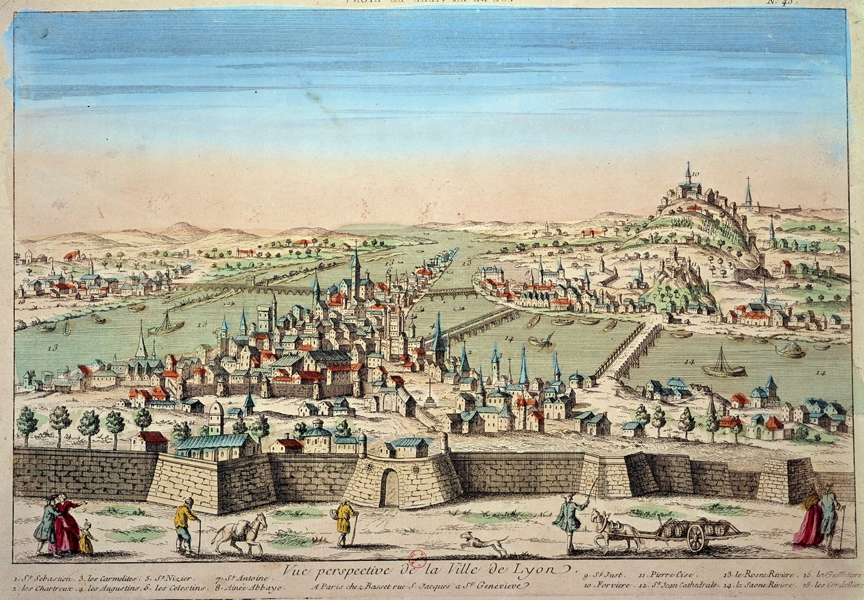 Detaljvy av staden Lyon på stranden av Rhône och Saone. Gravyr av 1600-talets Paris B.N. av Unknown artist