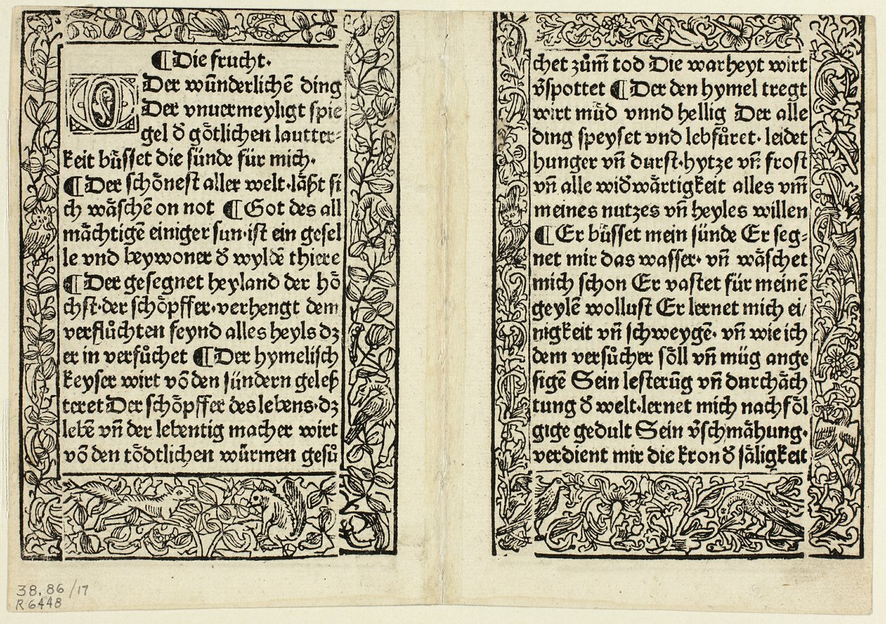 Andaktstexter med ornamentala kanter från Andächtig Zeitglöcklein des Leben und Leidens Christi, plansch 17 från Träsnitt ur böcker från 1400-talet av Unknown artist