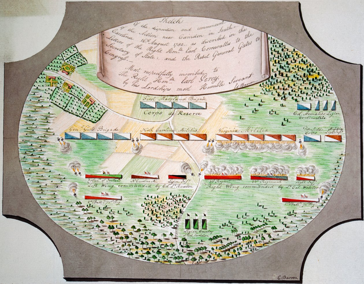 Diagram över stridslinjerna i slaget vid Camden, South Carolina, den 16 augusti av Unknown artist