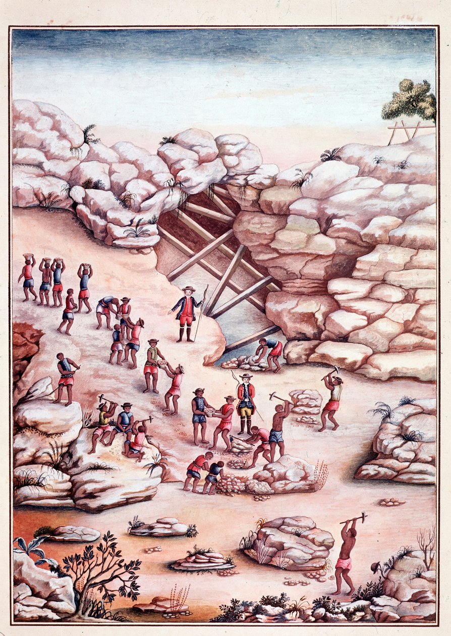 Diamantbrytning i en gruva i Brasilien. Akvarell av 1700-talets Rio de Janeiro, Biblioteca Nazionale av Unknown artist