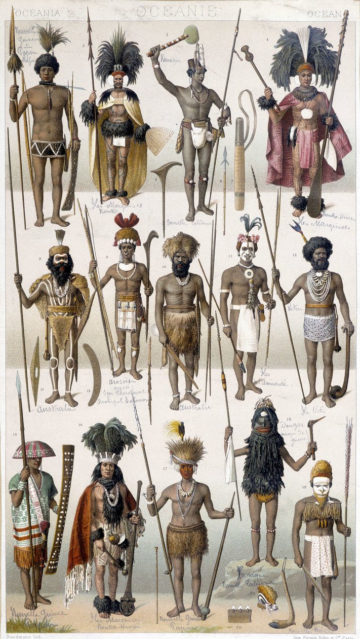 Olika kostymer av Warriors of Oceania. av Unknown artist