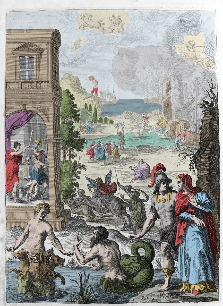 Olika metamorfoser, i förgrunden Scylla och havsguden Glaucos förälskad i henne, i bakgrunden avvisar den hängda Iphis av Anaxarete. Illustration hämtad från bok XIV av "" Metamorphoses"" (Metamorfosi) av Ovide (43 f.Kr.-17 e.Kr.). Gravyr 1 av Unknown artist