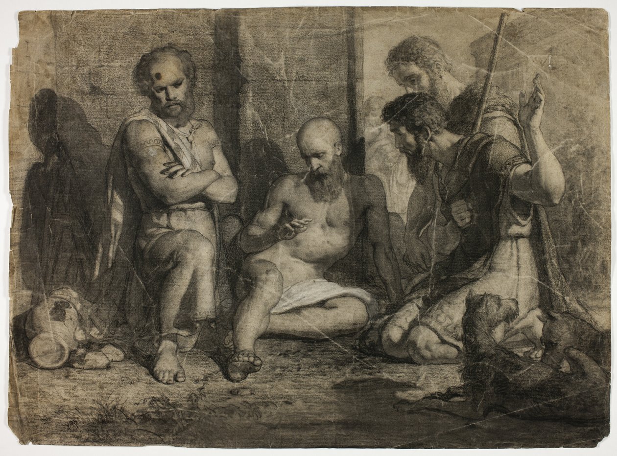 Diogenes ber Alexander den store att stiga åt sidan (recto); Gående akademisk manlig nakenbild (verso) av Unknown artist