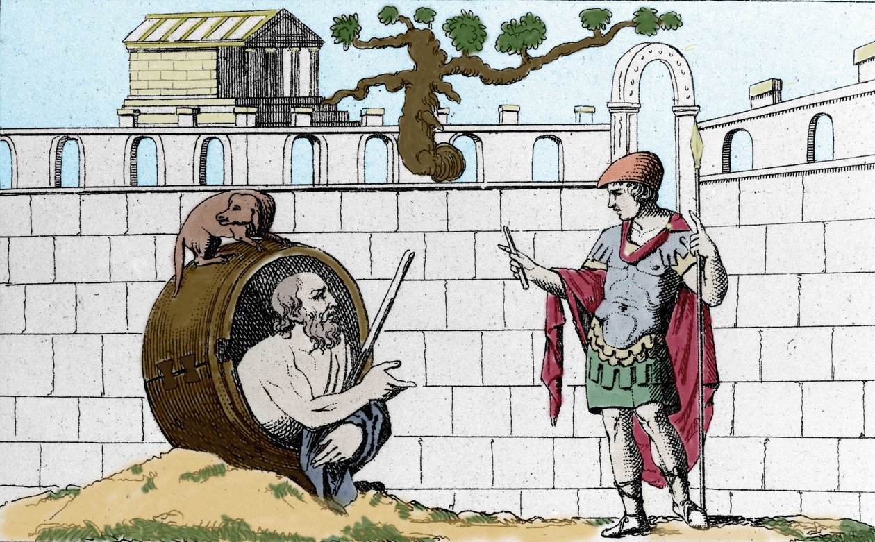 Diogenus den cyniker (413-327 f.Kr.), grekisk filosof, säger i sin tunna till Alexander den store ""Låt dig se min sol"". av Unknown artist