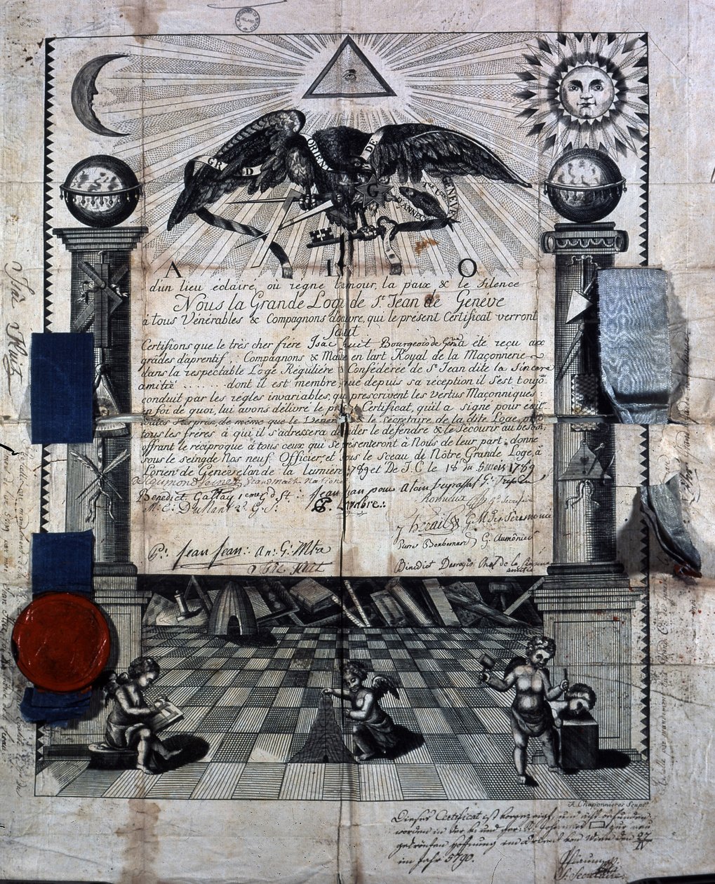 Diplom av Isaac Huit som följeslagare och mästare i Royal Masonry Art, tilldelad 1789 av Grand Lodge of St-Jean i Genève. av Unknown artist