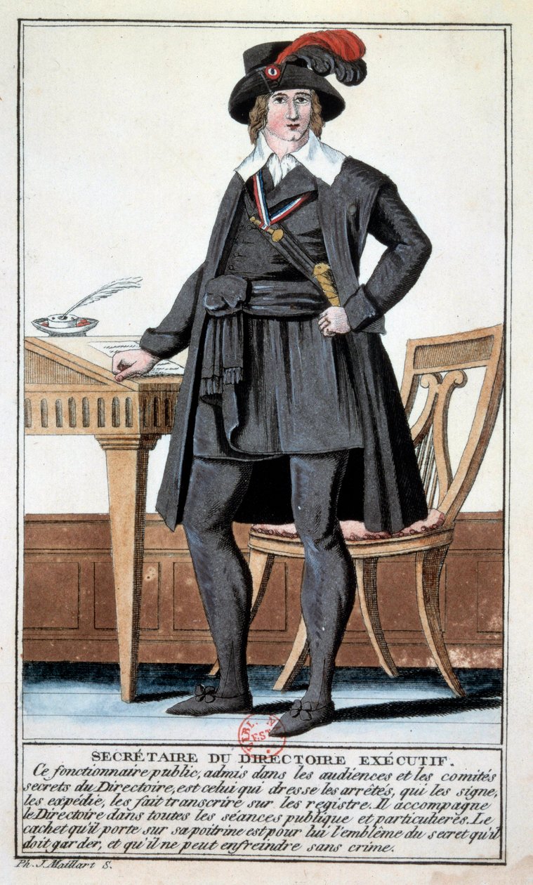 Directoire: kostym som sekreterare i direktionen. Gravyr från 1700-talet. Paris, B.N. av Unknown artist