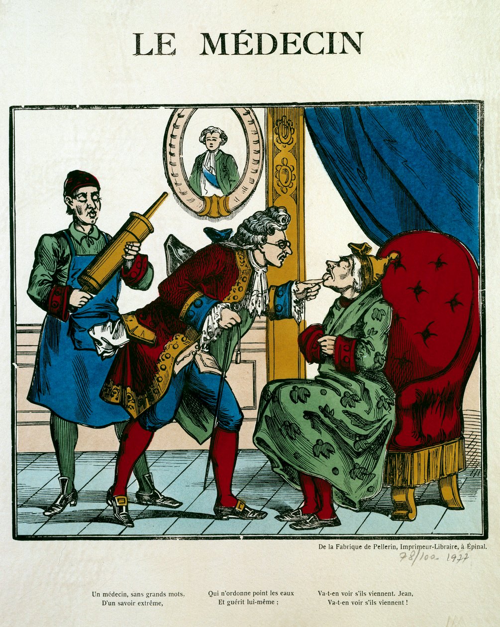 Doktorscen som representerar en läkare som undersöker en patient, hans assistent bakom honom håller en clyster. Gravyr av 1800-talets Paris, B.N. av Unknown artist