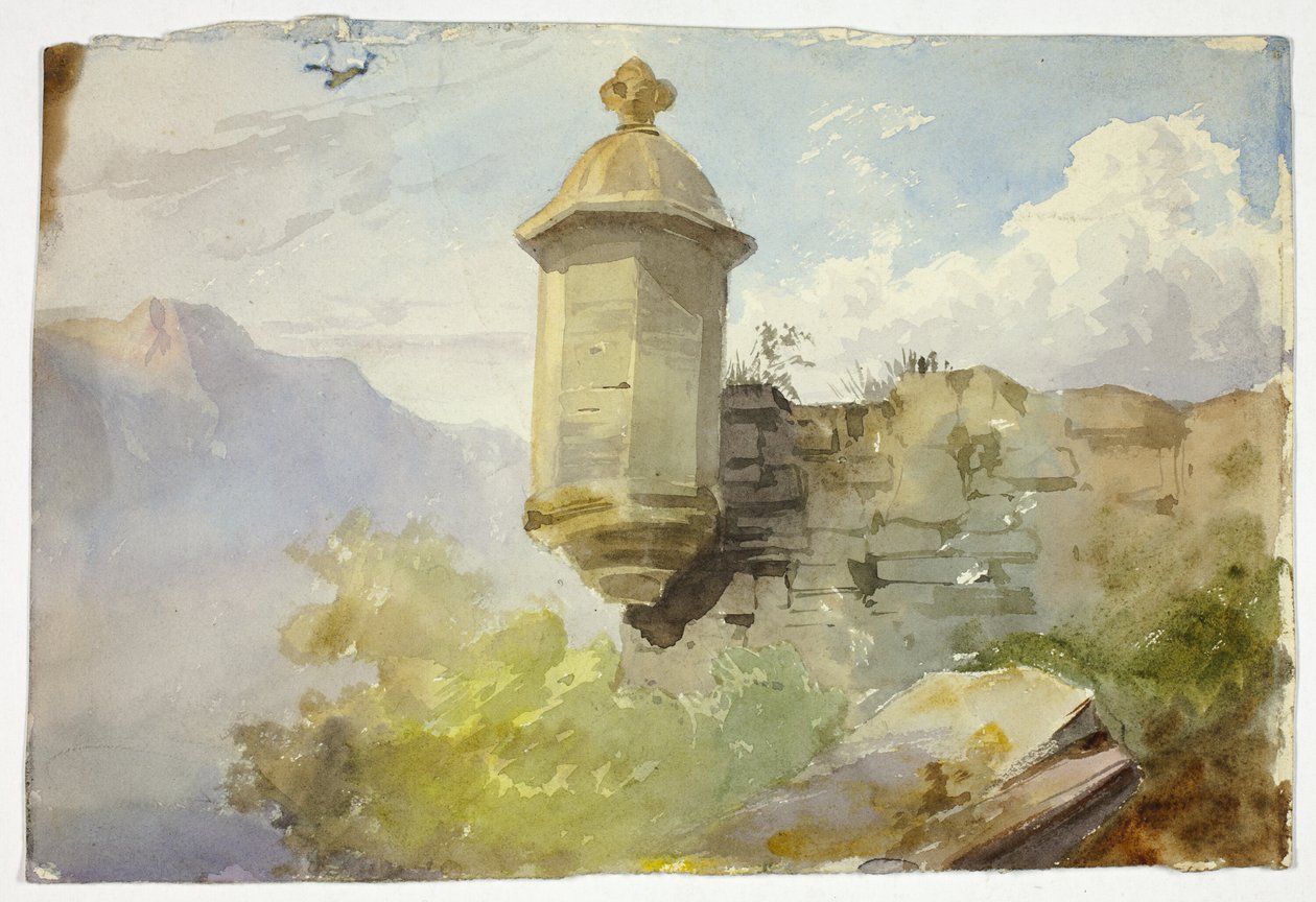 Kupolformad utkiksplats på mur i bergslandskap (recto); Figurer på bro framför berg (verso) av Unknown artist