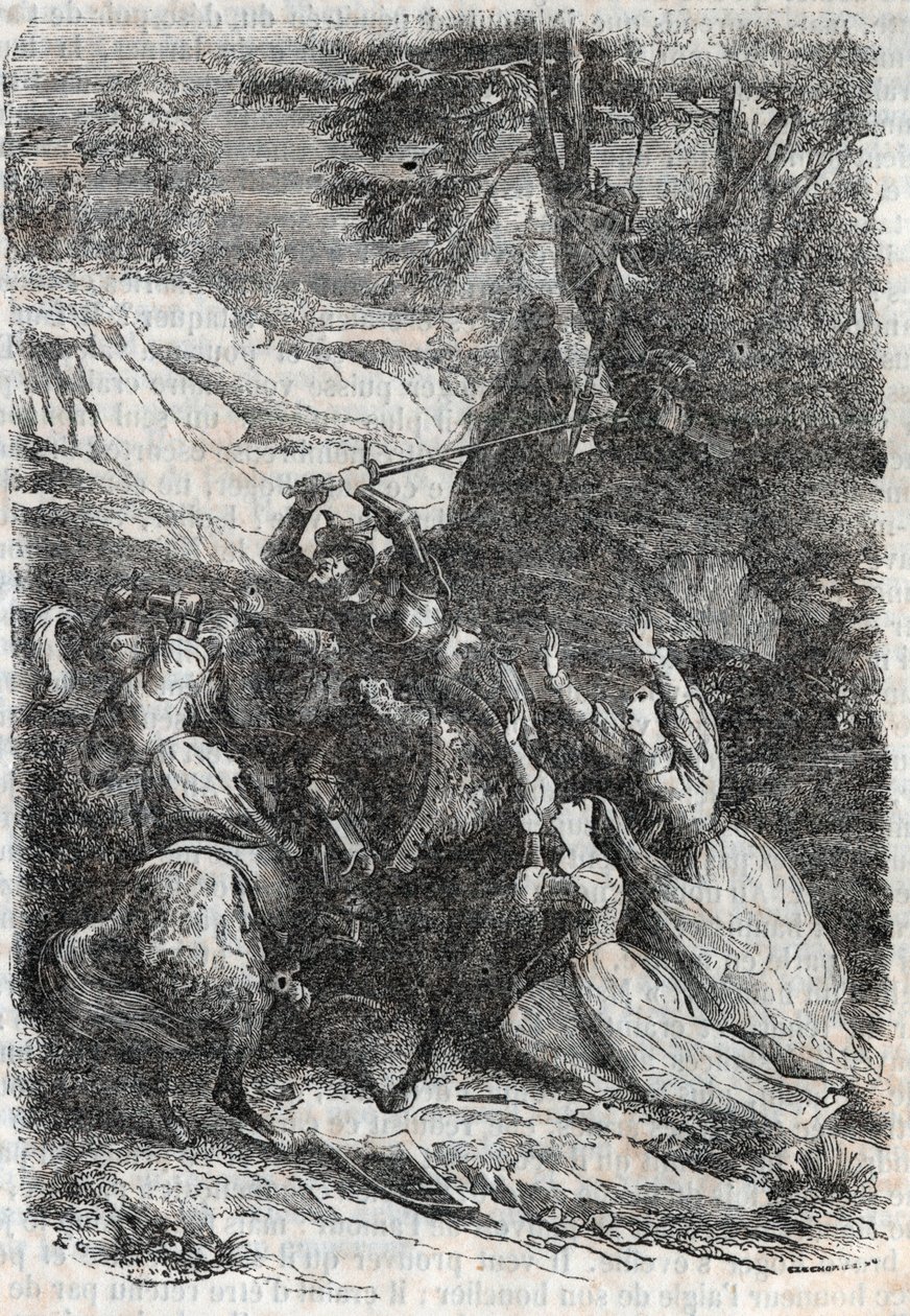 Doralice och Isabelle vill skilja Mandricard och Zerbin - gravyr från 1851 från "" Roland furieux"" av Unknown artist