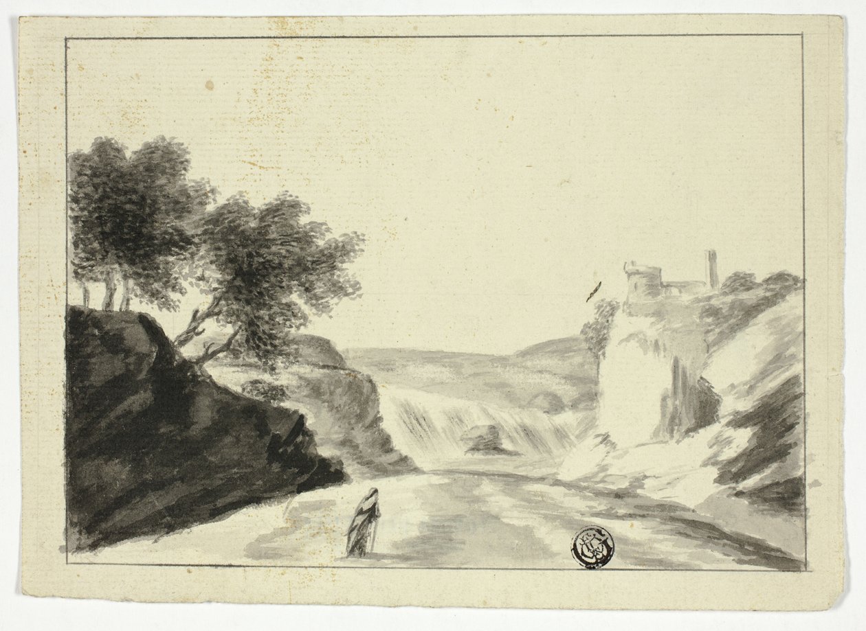 Draperad figur i landskap med slott på en klippa av Unknown artist