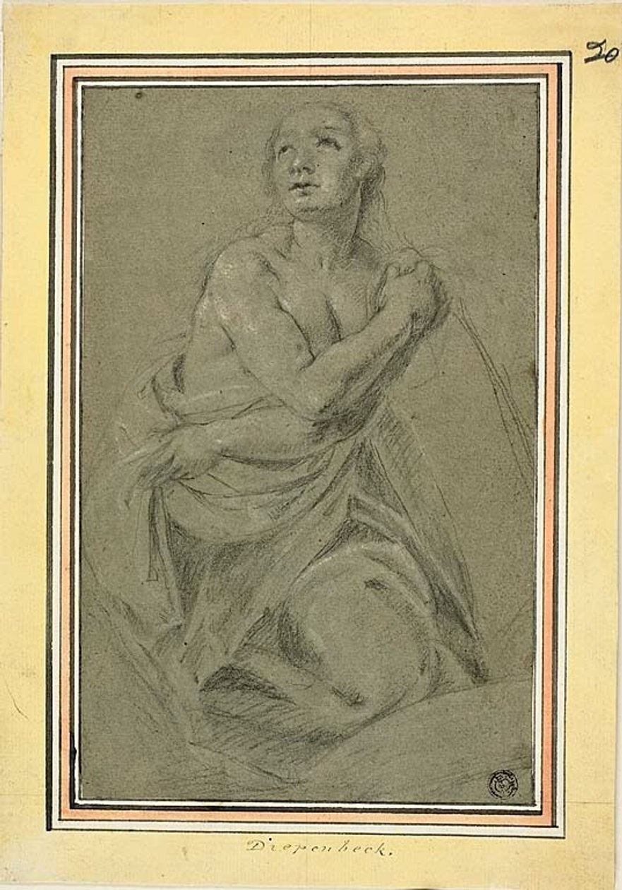 Draperad Knäböjande Kvinna Naken av Unknown artist