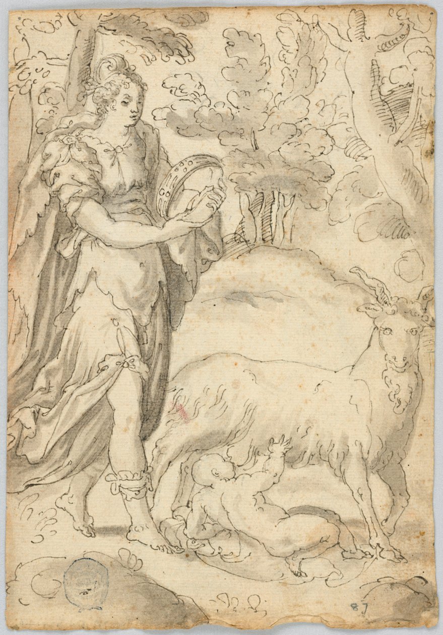 Ritning: A) Rhea och spädbarnet Jupiter. B) St Francis av Assisi av Unknown artist