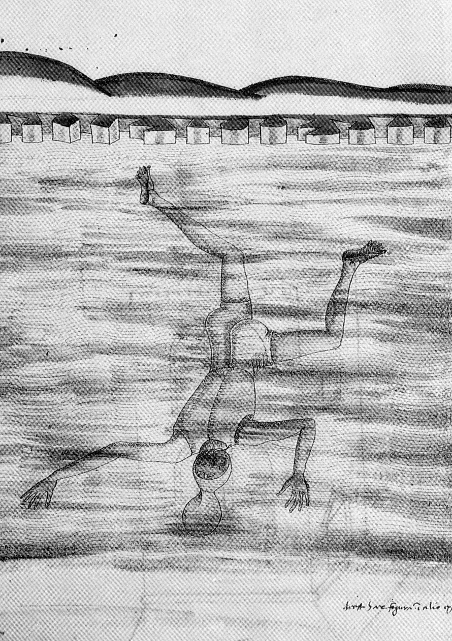 Teckning från 1400-talet som visar en man som går i vattnet med någon slags mask. av Unknown artist