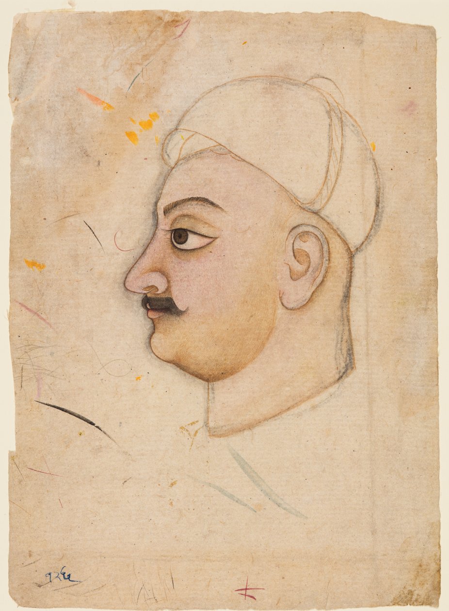 Teckning av en mans huvud med en ovanlig turban av Unknown artist