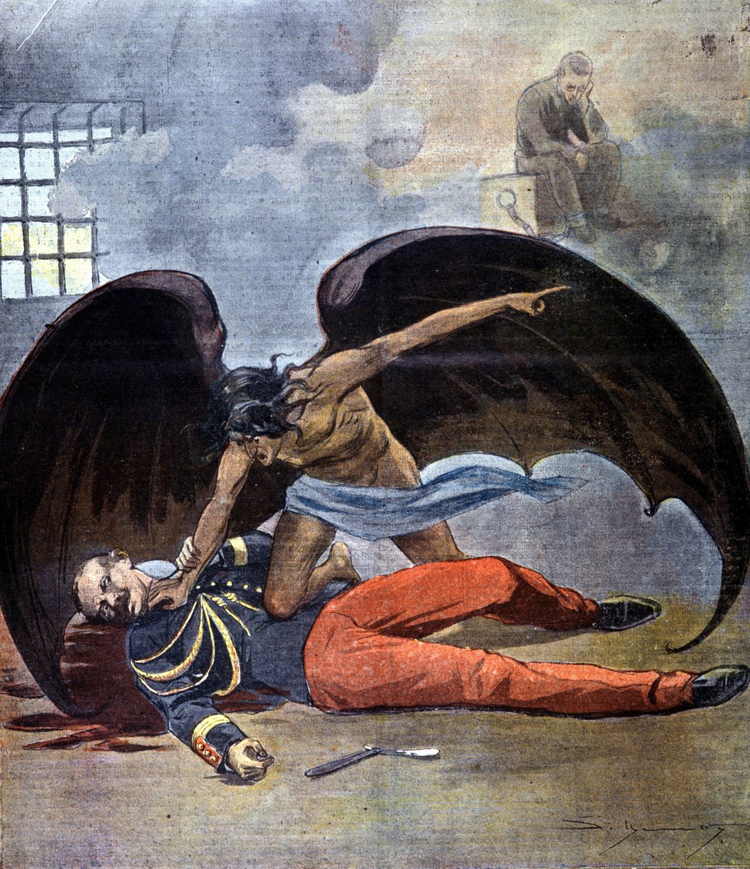Dreyfus. Överstelöjtnant Hubert Henrys självmord i sin cell efter att han hittades författaren till brevet där Dreyfus anklagades. 1898. av Unknown artist