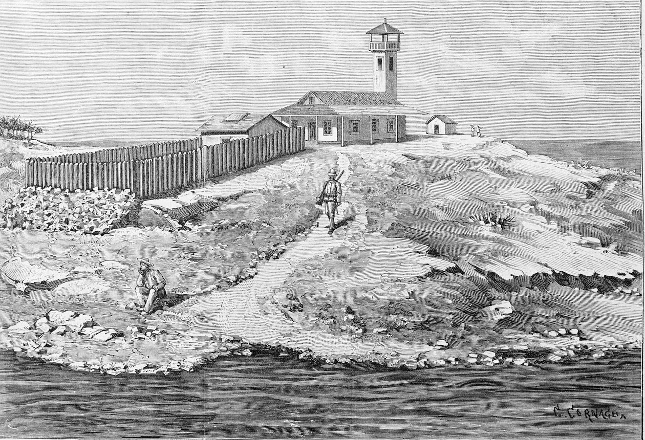 Dreyfusfall: Kapten Alfred Dreyfus (1859 - 1935) deporterad till Devil Island (1895 - 1899) i Guyana. Gravyr. av Unknown artist