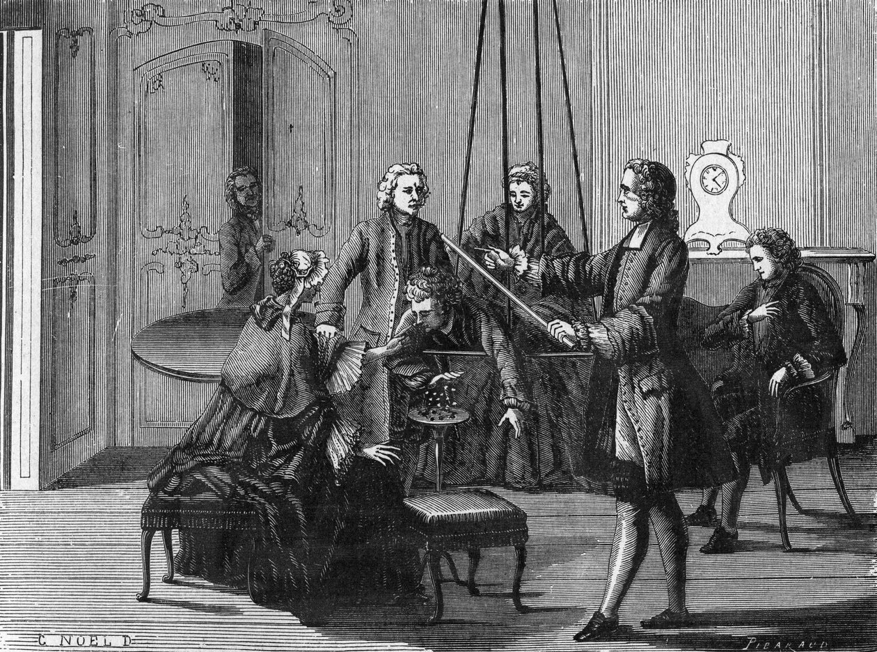 Dufay erfarenhet. Charles François Du Fay (Dufay?) (1698 - 1739), en fransk kemist och fysiker visade att elektriska gnistor kan dras från människokroppen. Gravyr från Vetenskapsalbumet. Frankrike 1800-talet. av Unknown artist
