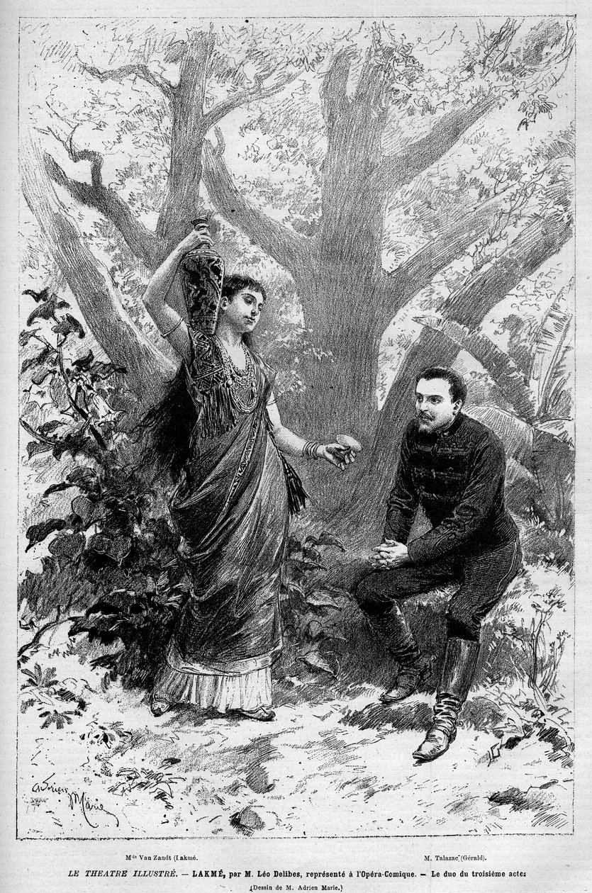 Duo av tredje akten med sångerskan Marie van Zandt från operan "Lakme" av Leo Delibes, Edmond Gondinet och Philippe Gille uppträdde för första gången den 14 april 1883 på Opera Comique i Paris. Gravyr i "" Le Monde illustrious"" 1883. Privat kolle av Unknown artist