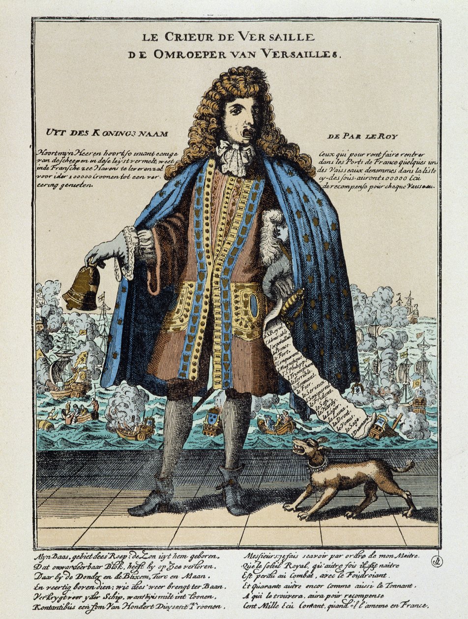 Holländskt satirtryck mot Ludvig XIV: Slaget vid Hougue eller den franska flottan, beväpning för att återställa Jacques II och under befäl av Anne Hilarion av Costentin (Cotentin), greve av Tourville (1642-1701), besegrades och förstördes delvis den 29 maj av Unknown artist