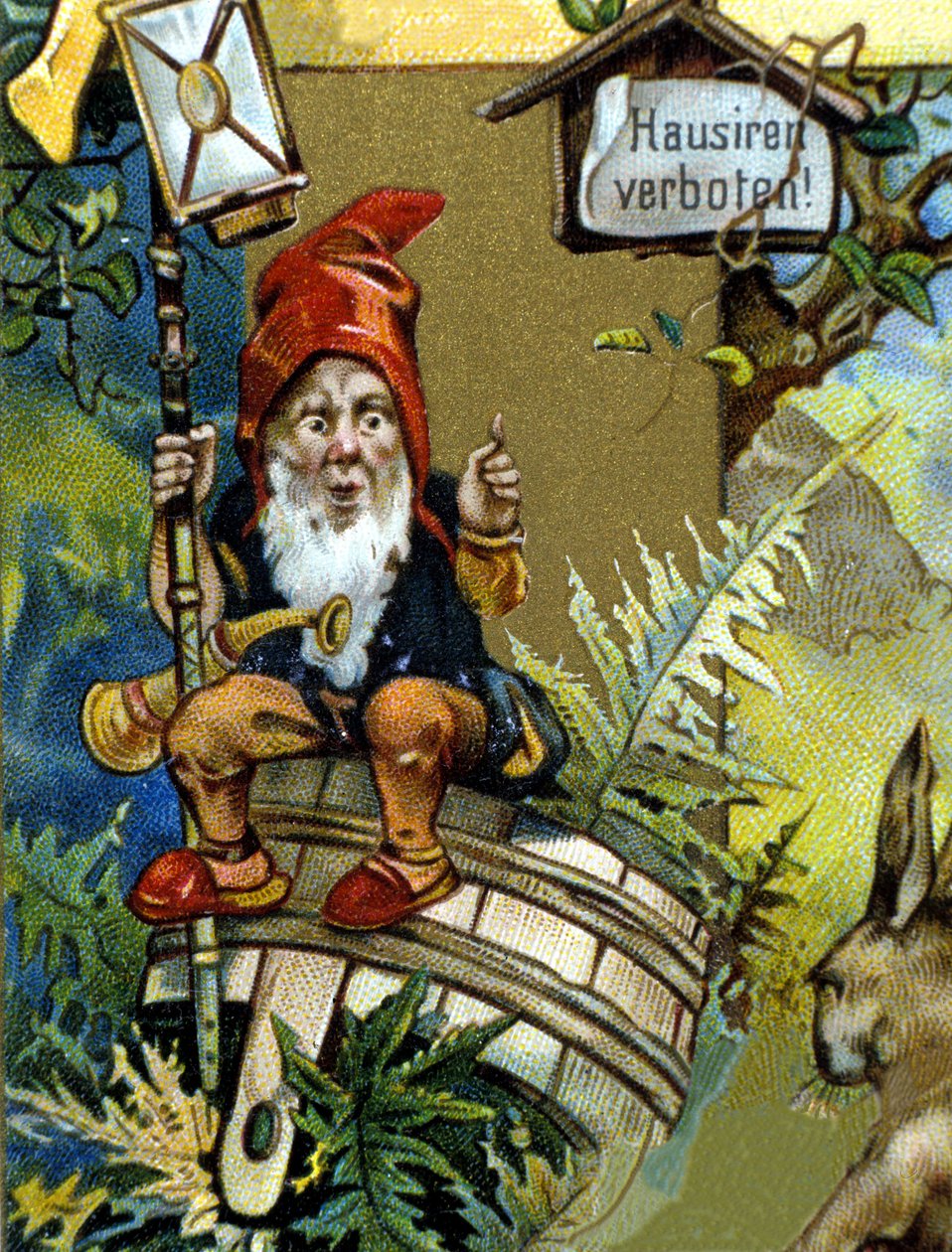 Dvärg eller farfadet med lykta. 1800-talets kromolitografi. av Unknown artist