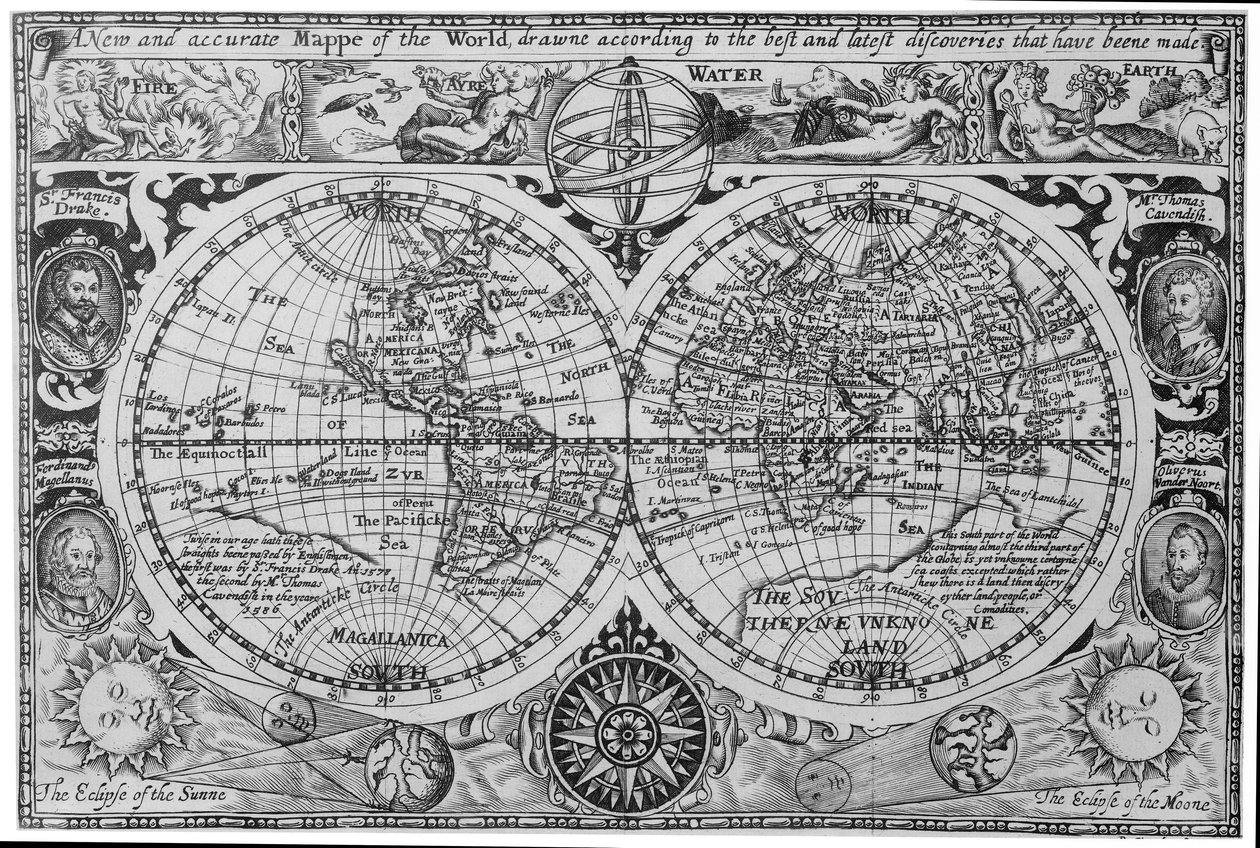 Världskarta från tidigt 1600-tal, efter Mercator, med infällda porträtt av upptäcktsresande (Drake, Magellan, Thomas Cavendish och Oliver van der Nort), elementen och förmörkelser av Unknown artist