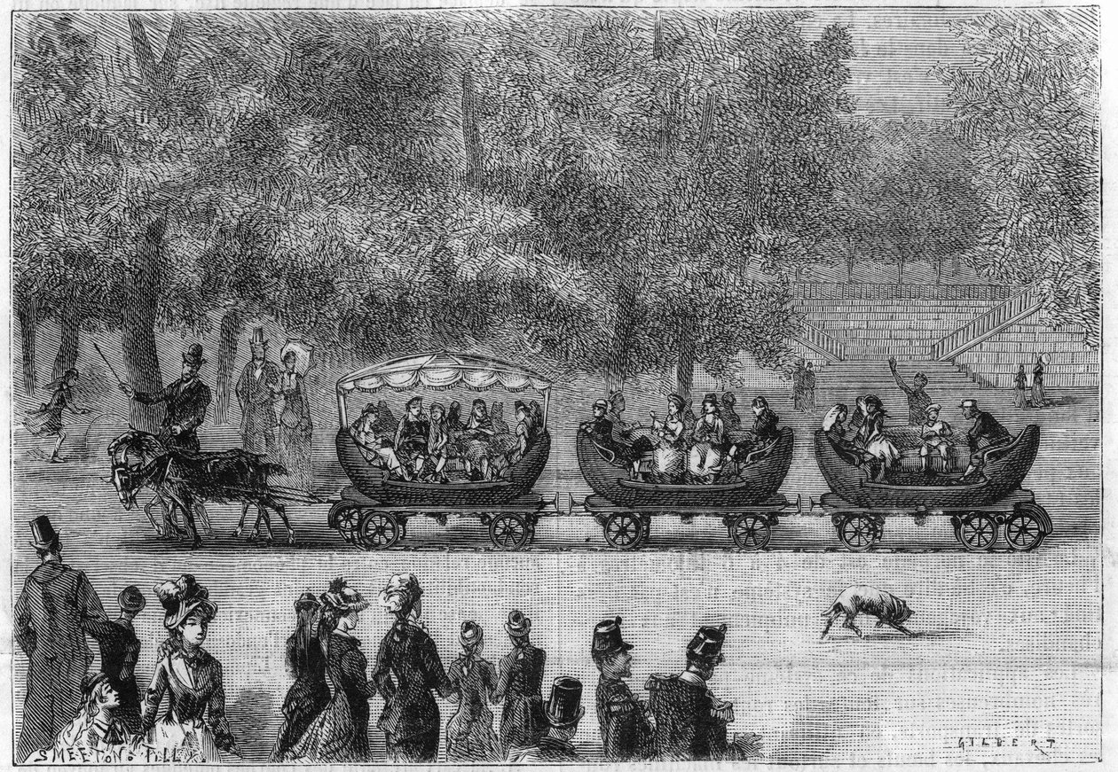 Ändlösa skenor anpassade till ett tåg av bilar dragna av getter i Tuilerierna i Paris (av naturen). Gravyr i "" La Nature: revue des sciences et de leurs applications aux arts et a l