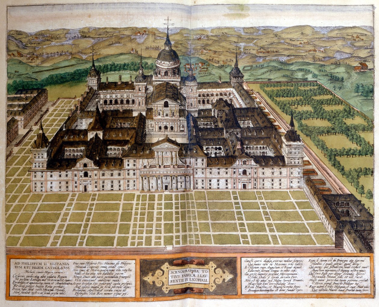 Gravyr som representerar Escorials eller Escorials palats i Spanien. sd. 1600-talet. av Unknown artist