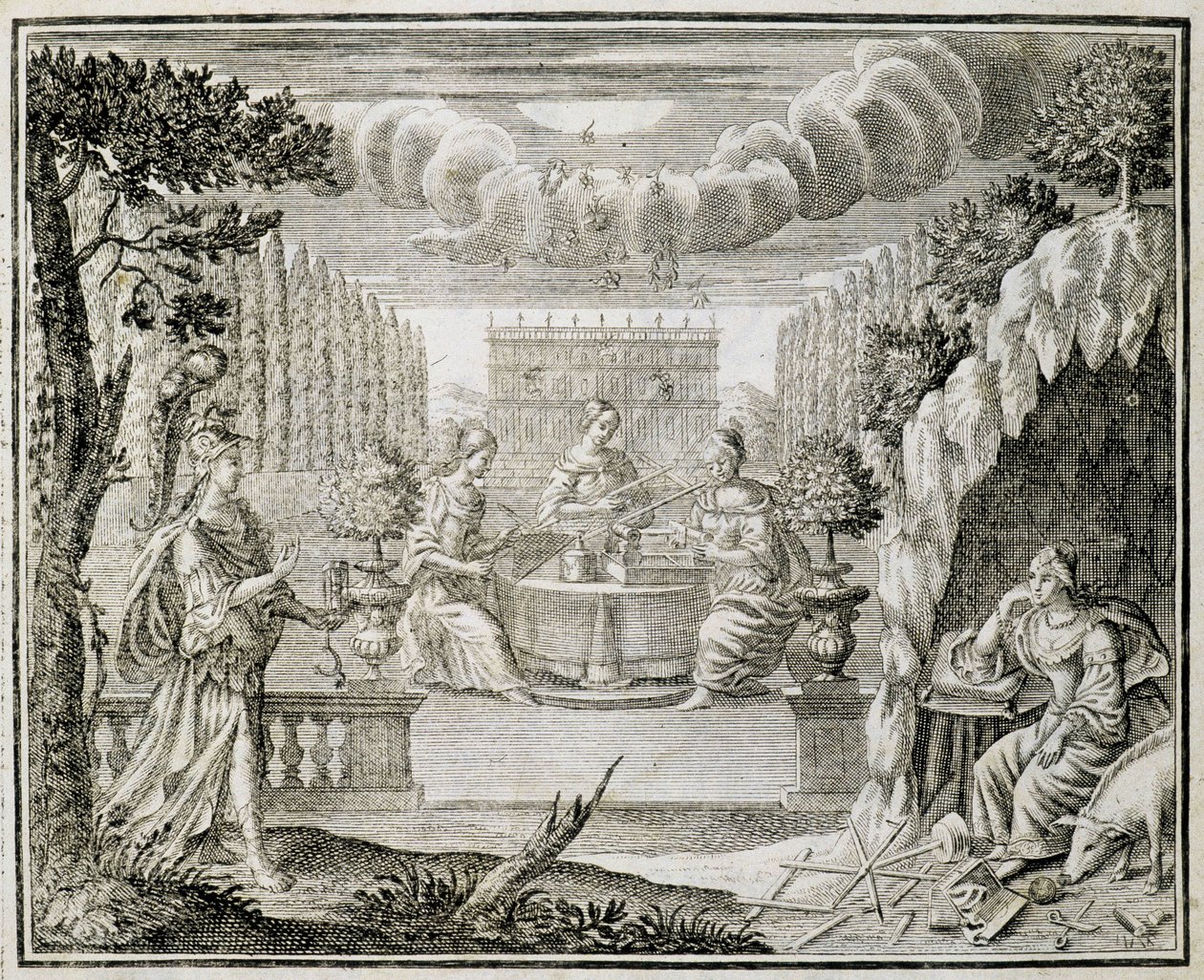 Gravyr som föreställer kvinnor som arbetar på en vävstol. Början av 1700-talet. av Unknown artist