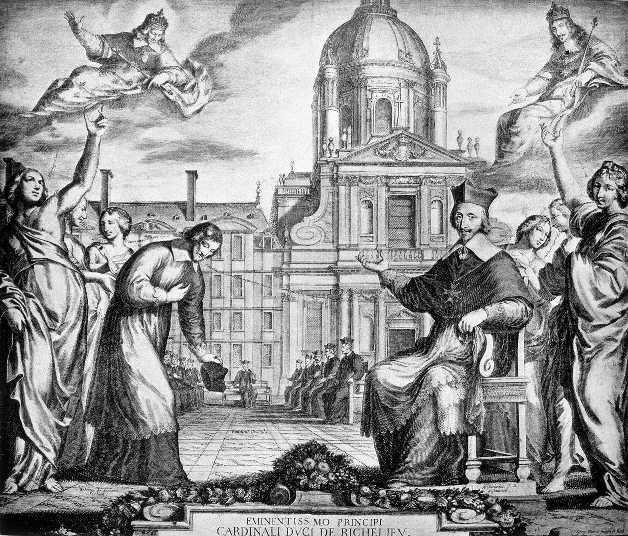 Gravyr till kardinal Richelieus ära för återupprättandet av Sorbonne i Paris, beställd till Lemercier, färdig 1642. av Unknown artist
