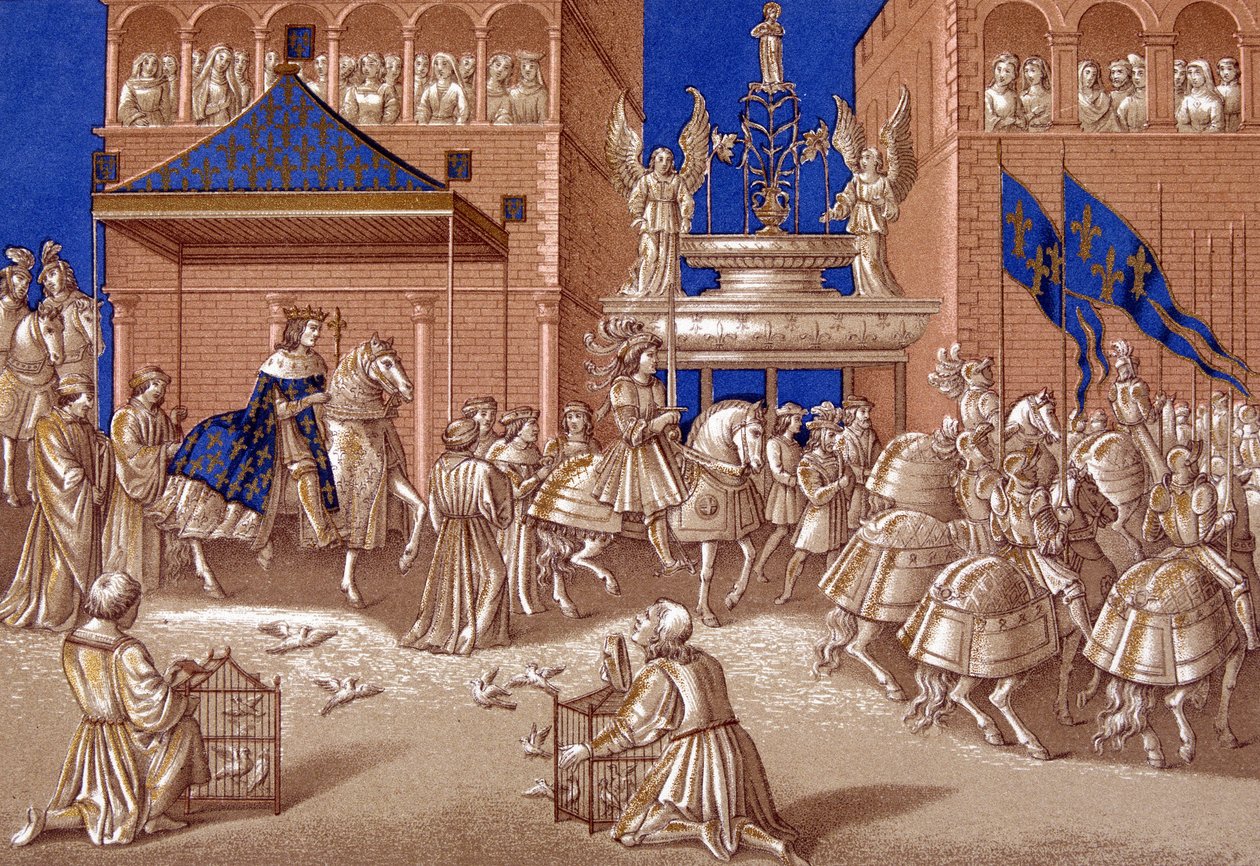 Karl VII:s (1403-1461) inträde till Paris. 1800-talets kromolitografi. av Unknown artist
