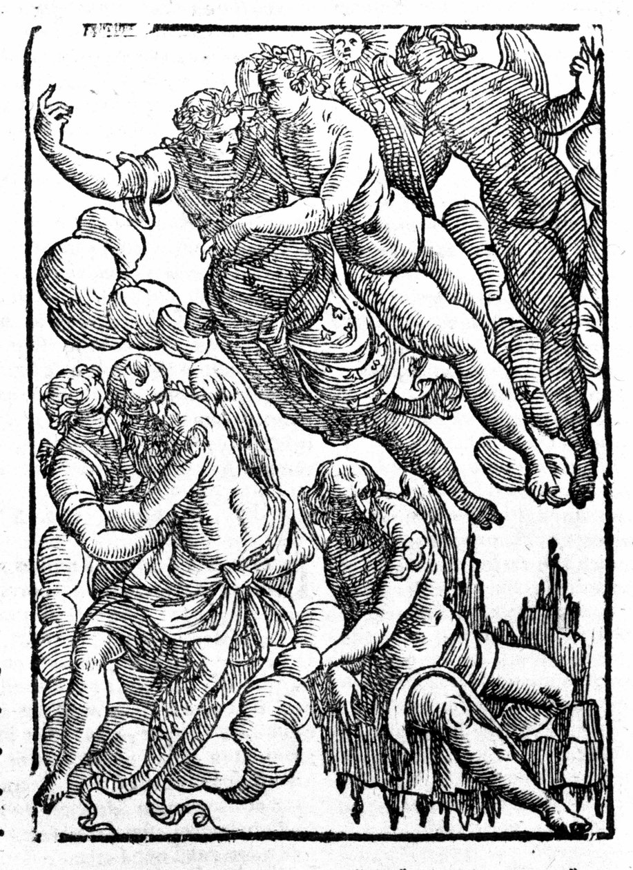 Eole (nedre höger) och vindar. "Mytologi och fabler" ger greve Natalia. Padua 1677 av Unknown artist