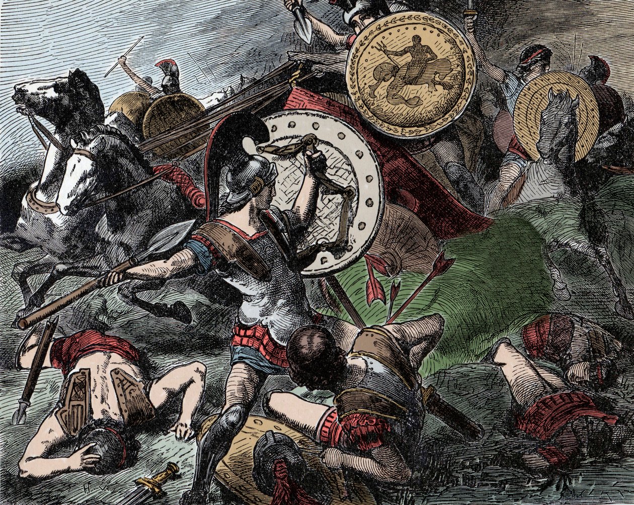 Epaminondas räddar Pelopidas - Antikens Grekland: Epaminondas (418-362 f.Kr.) räddar Pelopidas (420-364 f.Kr.) under Korintkriget (395-387 f.Kr.) av Unknown artist