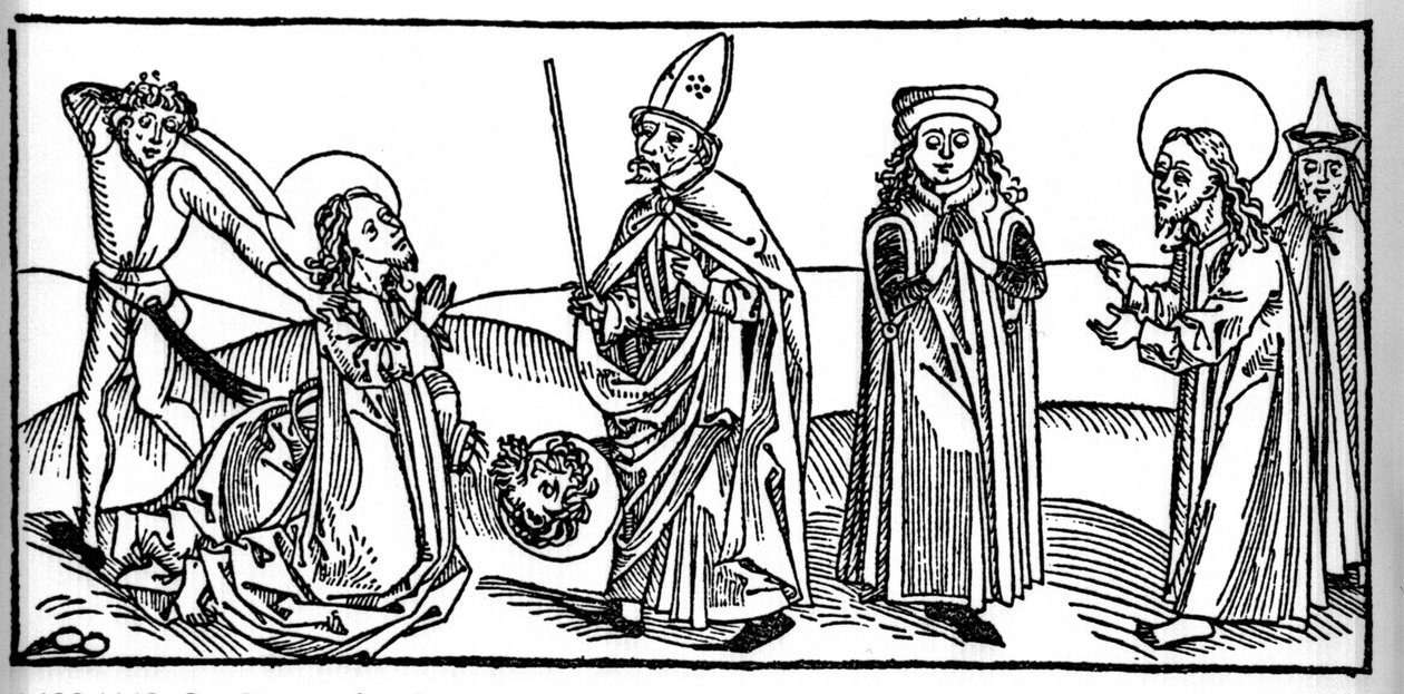Avsnitt av Saint James the Majors liv: helgonet halshuggas under ögonen av Herodes av Agrippa, kungen av Judeen. Gravyr från "Leben der Heiligen - sommerteil" (Helgonets bok) av Jacobus (James) av Voragine (1228-1298). Lübeck 1488. av Unknown artist