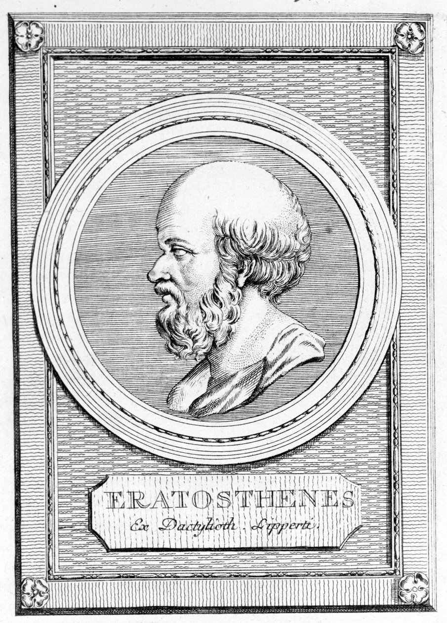 Eratosthenes (275 f.Kr. - 195 f.Kr.) matematiker, astronom geograf och poet. Porträtt av efteråt: "Gallery of the ancient Greek and Romans", vol. II. Poschiavo 1784. av Unknown artist