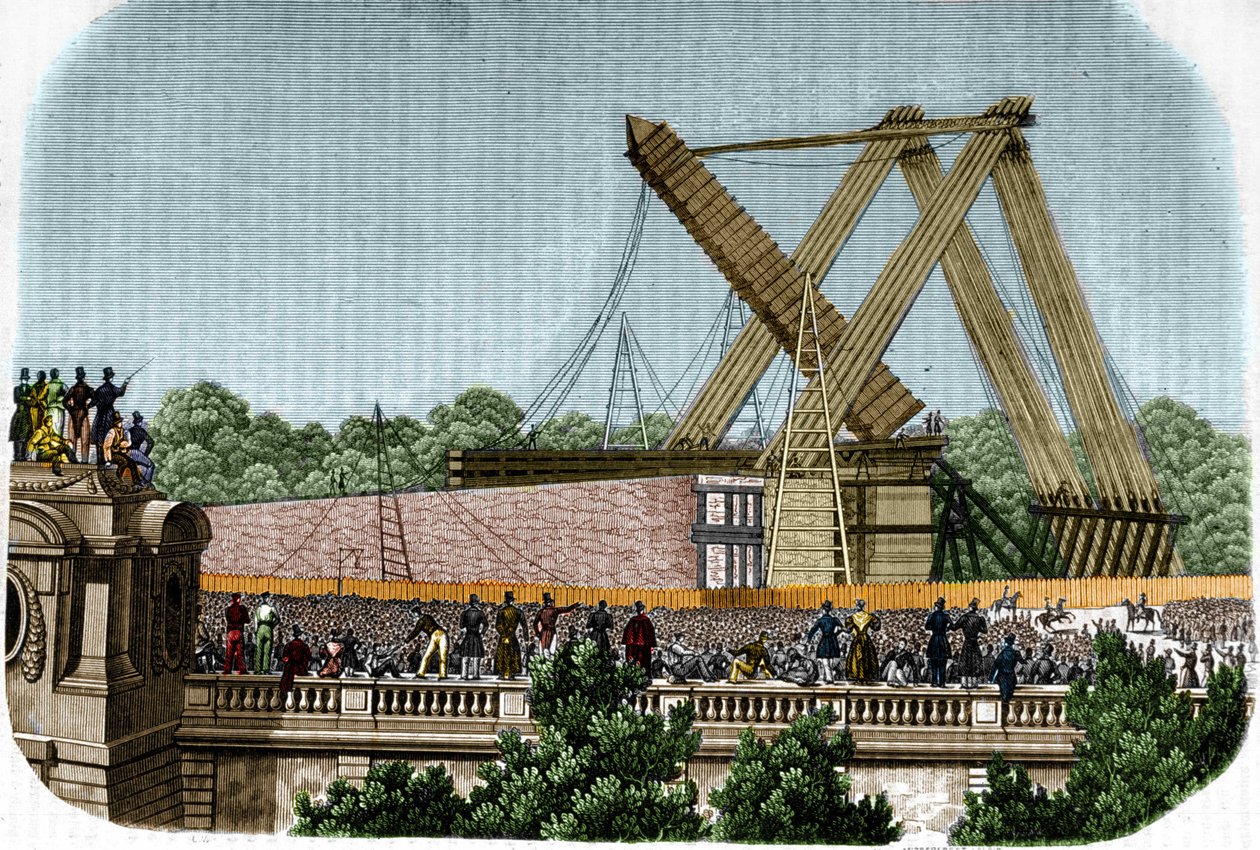 Uppförande av obelisken av Louqsor (Luxor) på Place de la Concorde. Paris den 25 oktober 1836. av Unknown artist