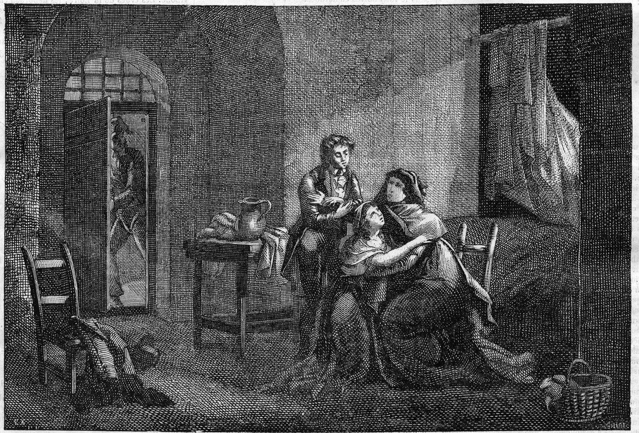 Eugene och Hortense Beauharnais tröstar sin mamma Josephine de Beauharnais i hans fängelse (Prison des Carmes) av Unknown artist