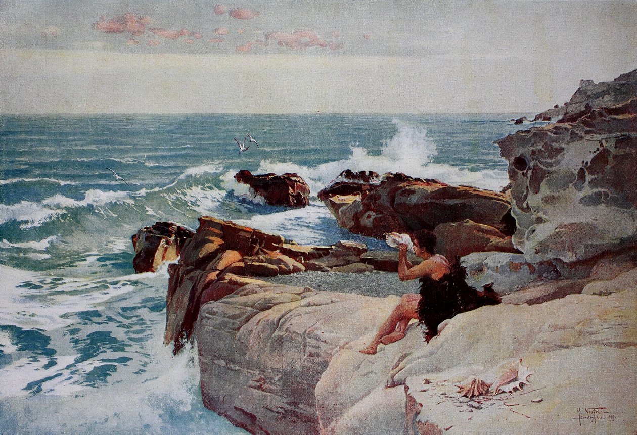 Kväll vid havet, ung man med ett stort skal som sitter på stranden av Unknown artist