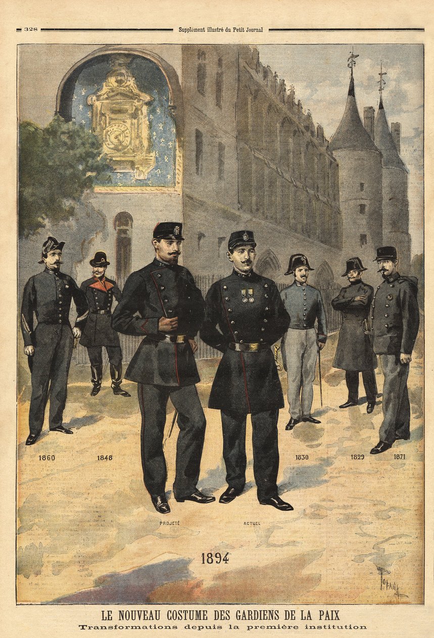 Utveckling av uniformer för fredsbevarare (eller stadssergeanter) från 1860 till 1894, framför klocktornet på Conciergen, Paris. Gravyr i ”” Le petit journal”” 09/1894. Selvas samling. av Unknown artist