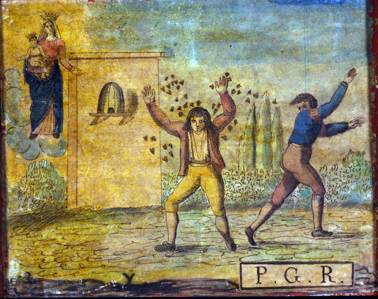Ex voto från början av 1800-talet som representerar en person attackerad av bin. av Unknown artist