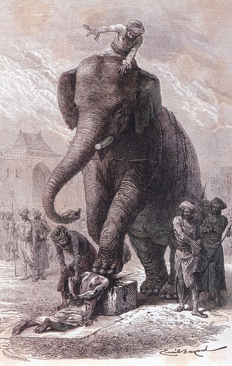 Avrättning i Indien: brottslingar avrättas: deras huvud krossas av en elefant ledd av sin karnac, gravyr 1875 av Unknown artist