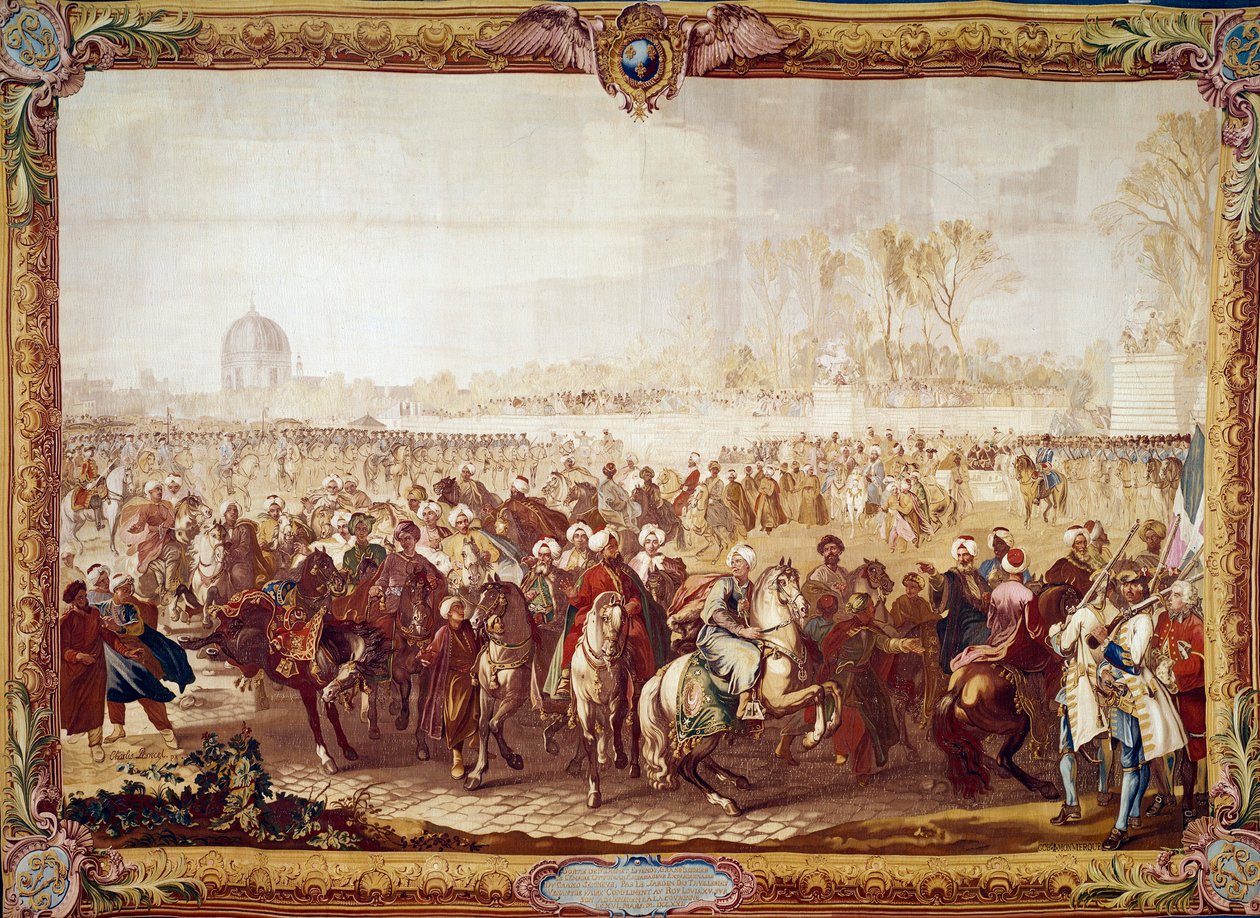 Turkiets ambassadör Mehmet Effendi lämnar Tuileriernas trädgård efter audiensen beviljad av kung Ludvig XV den 21/03/1721 1700-talsväv. Paris, nationella möbler av Unknown artist