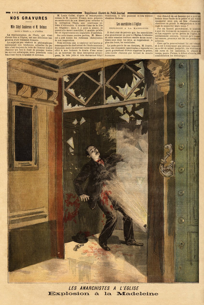 Explosionen i kyrkan La Madeleine i Paris, den anarkistiska brottslingen, det enda offret, har effekterna av sin egen bomb. Gravyr i "" Le petit journal"" 1894-03-26. Selvas samling. av Unknown artist