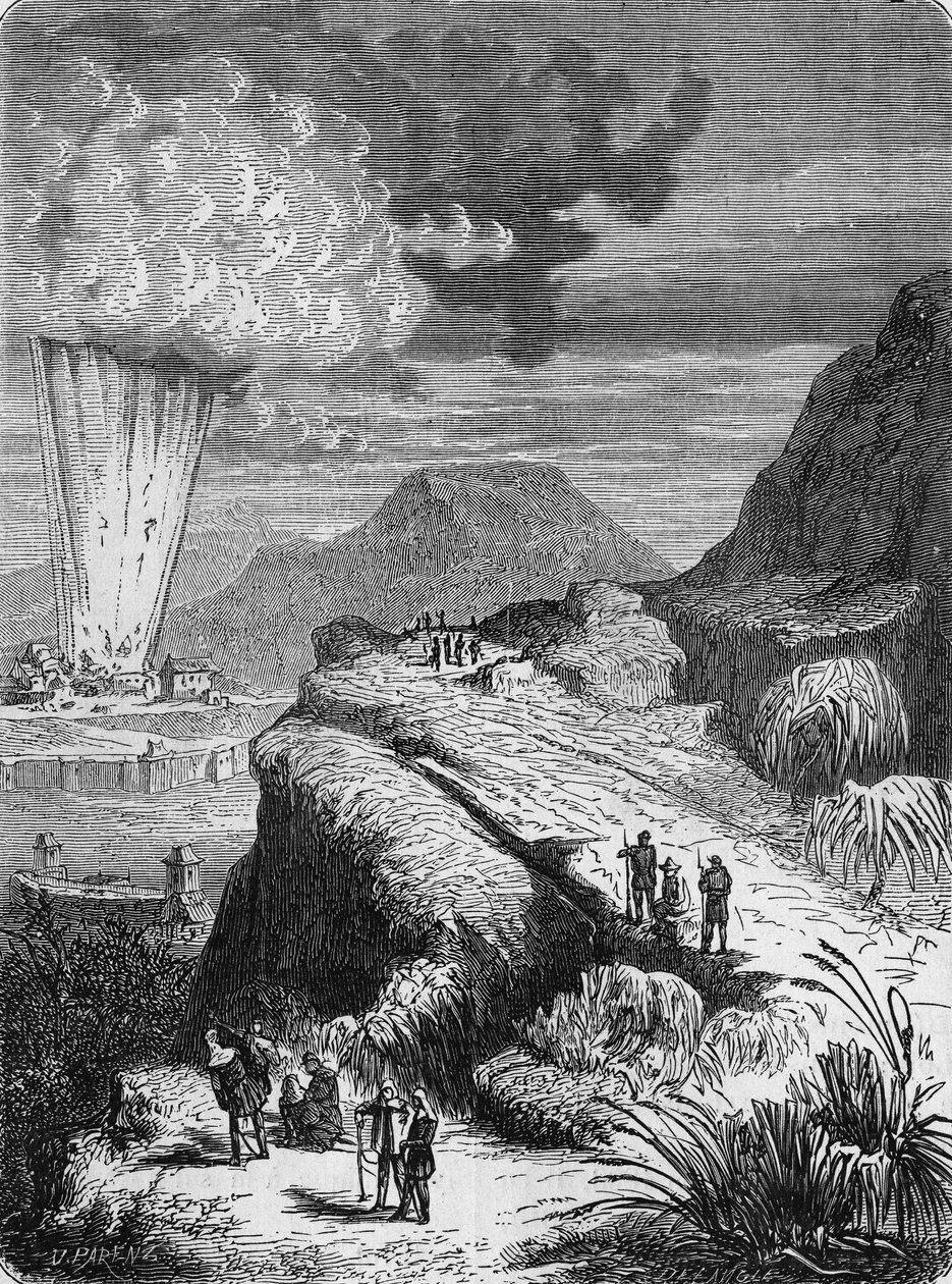 Explosion av Fort Pei-Ho, Kina, på grund av en maskin antänds av Ruhmkorff-spole. I” Album de la Science”, Éditions Jouvet av Unknown artist
