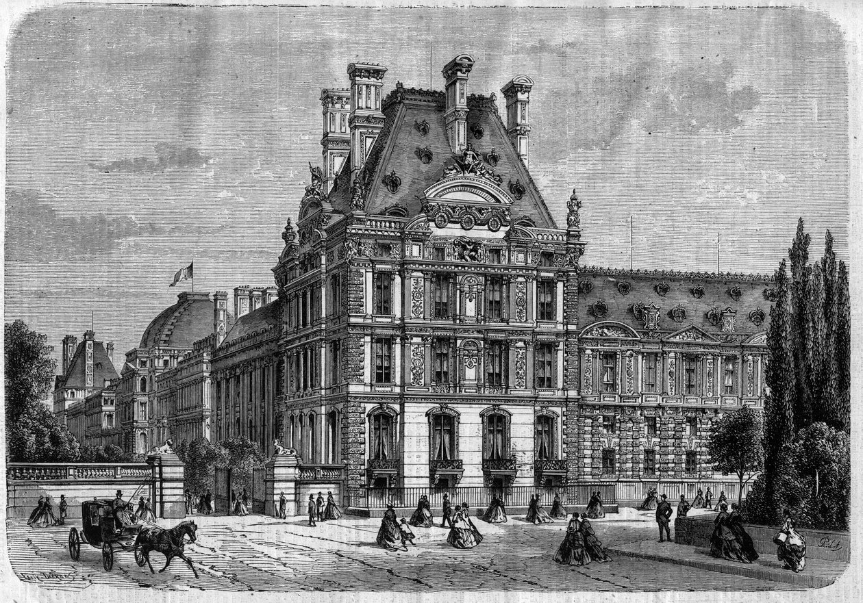 Exteriörvy av Pavillon de Flore, vid Palais des Tuileries, och Galerie du bord de l