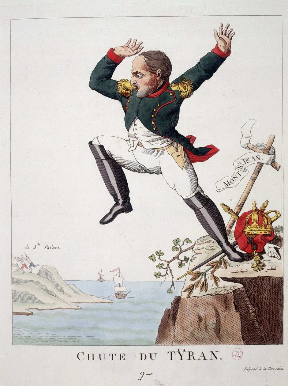 Tyrannens fall: Napoleon hoppar från Mount St John (Slaget vid Waterloo) till St. Helene Island - i "" Napoleon 1st, karikatyrer, dummysamling"", av Unknown artist