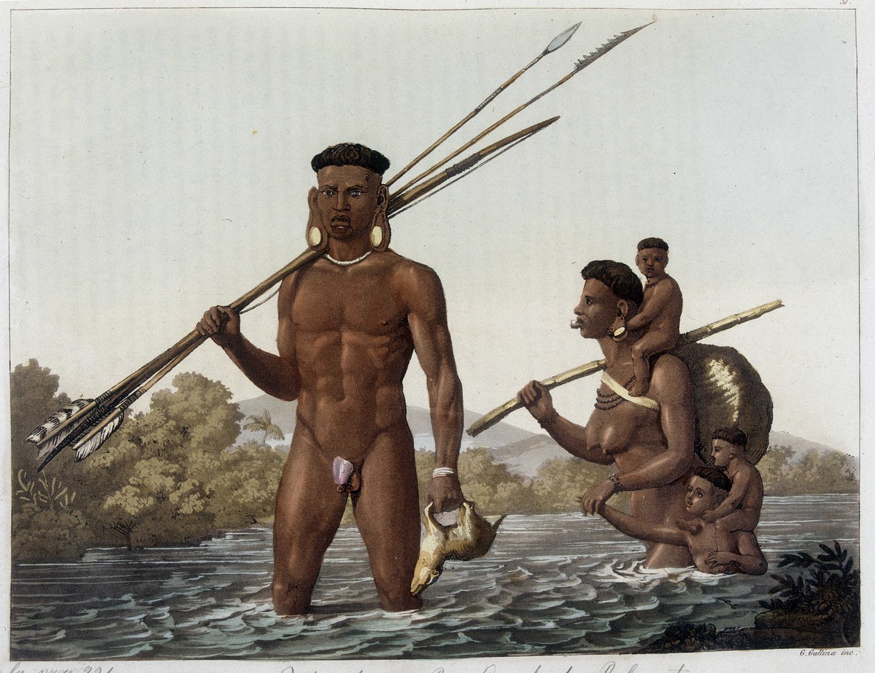 Familj av Botocudos-indianer som återvänder från jakt och korsning av floden Rio Grande till Belmonte i Paraguay. I "" Den gamla och moderna kostymen"" 1818-1820, av Ferrario. av Unknown artist