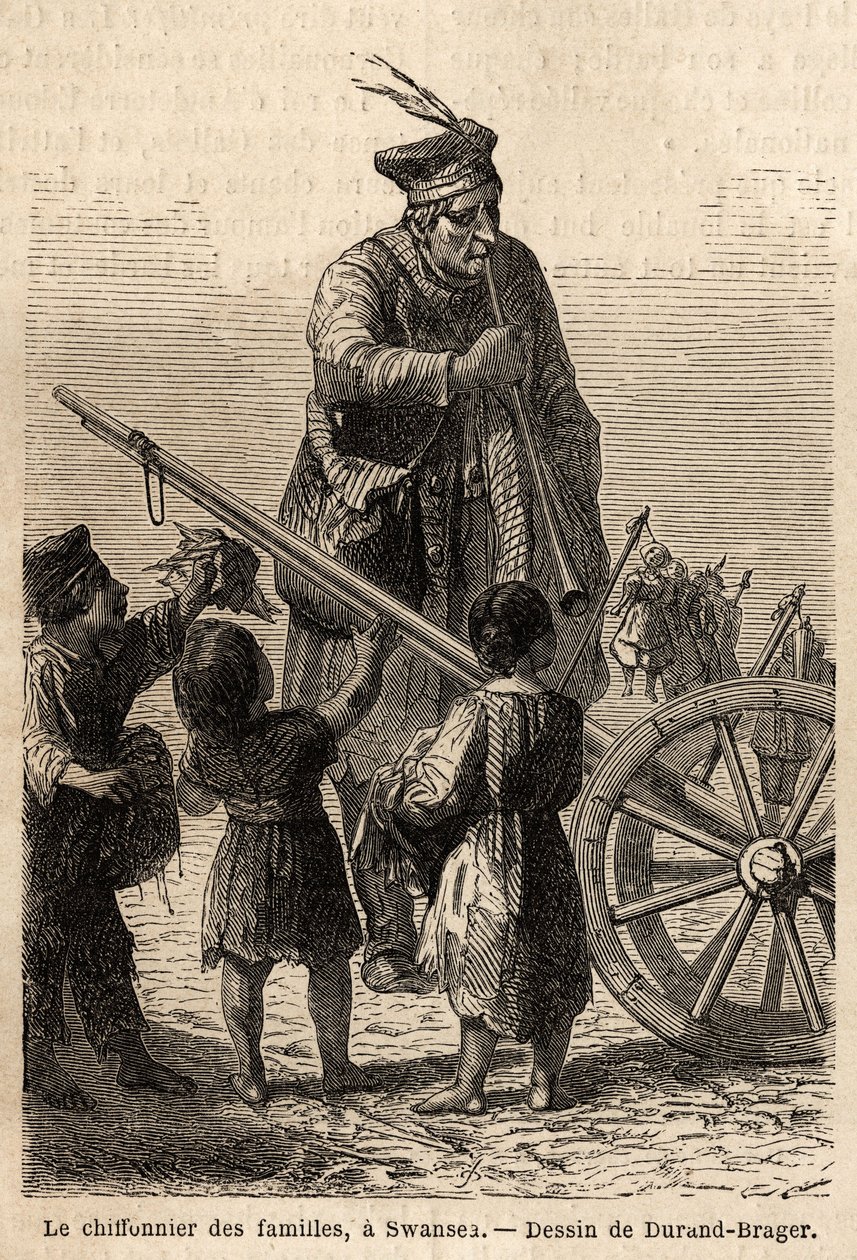 Familjelapp i Swansea. Teckning av Durand Brager, för att illustrera ett besök på de stora fabrikerna i Wales 1862, av L.Simonin. Gravyr i "" Le tour du monde"", redigerad av Edouard Charton av Unknown artist