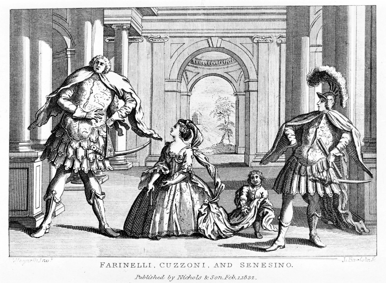 Farinelli (Carlo Broschi, dit; 1705 - 1782) med sopranen Cuzzoni och kastraten Francesco Bernardo Senesino (1680 - 1750) i opera av George Frederick Handel (Georg Friedrich Handel av Unknown artist