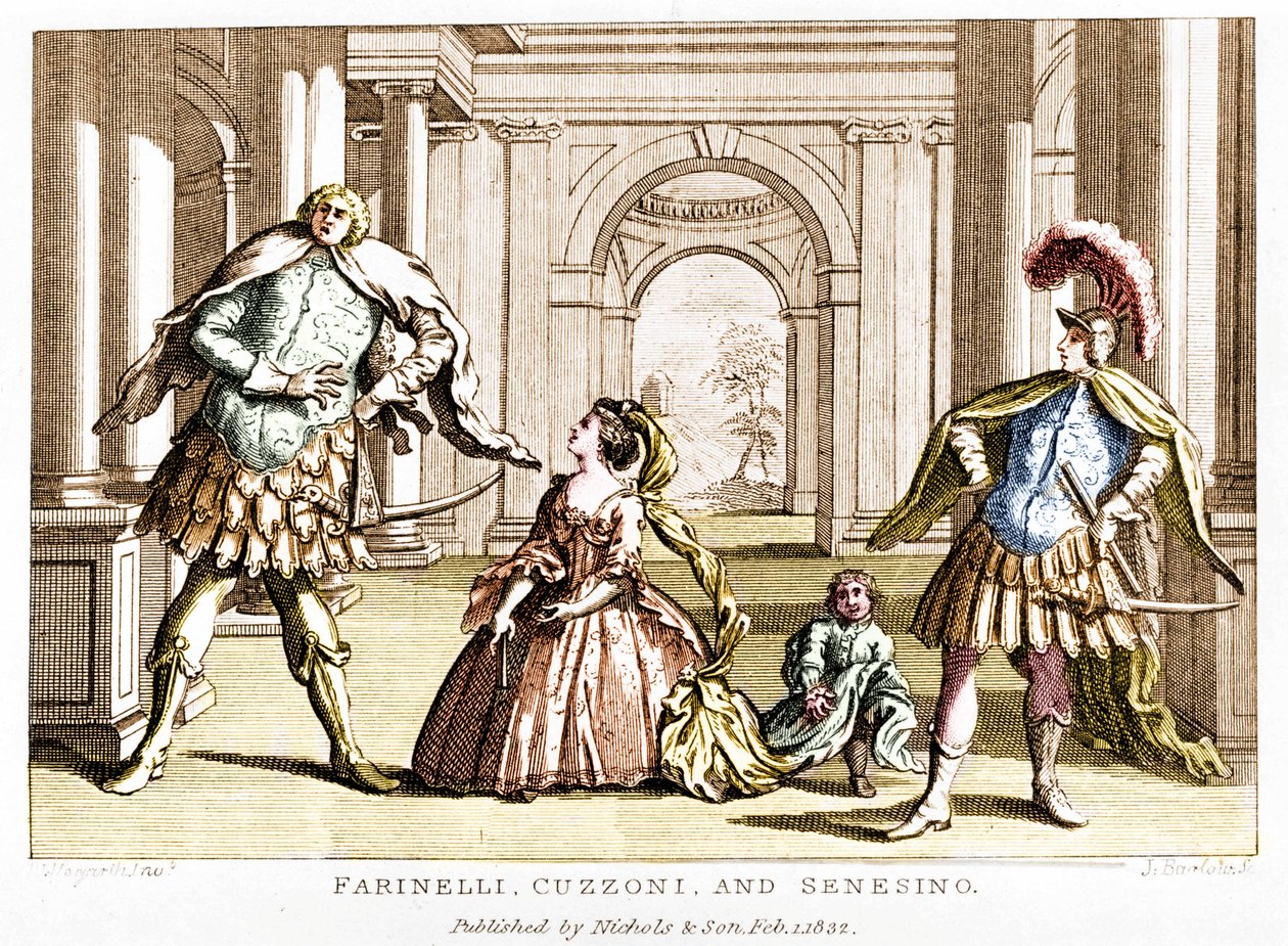 Farinelli (Carlo Broschi, dit; 1705 - 1782) med sopranen Cuzzoni och kastraten Francesco Bernardo Senesino (1680 - 1750) i opera av George Frederick Handel (Georg Friedrich Handel av Unknown artist