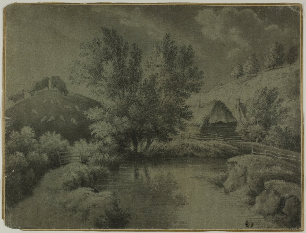Gård med damm i förgrunden, kor som betar på kullen av Unknown artist